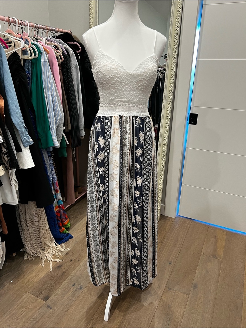 Justify White Lace Bodice Navy and Cream Floral Stripe Maxi Dress